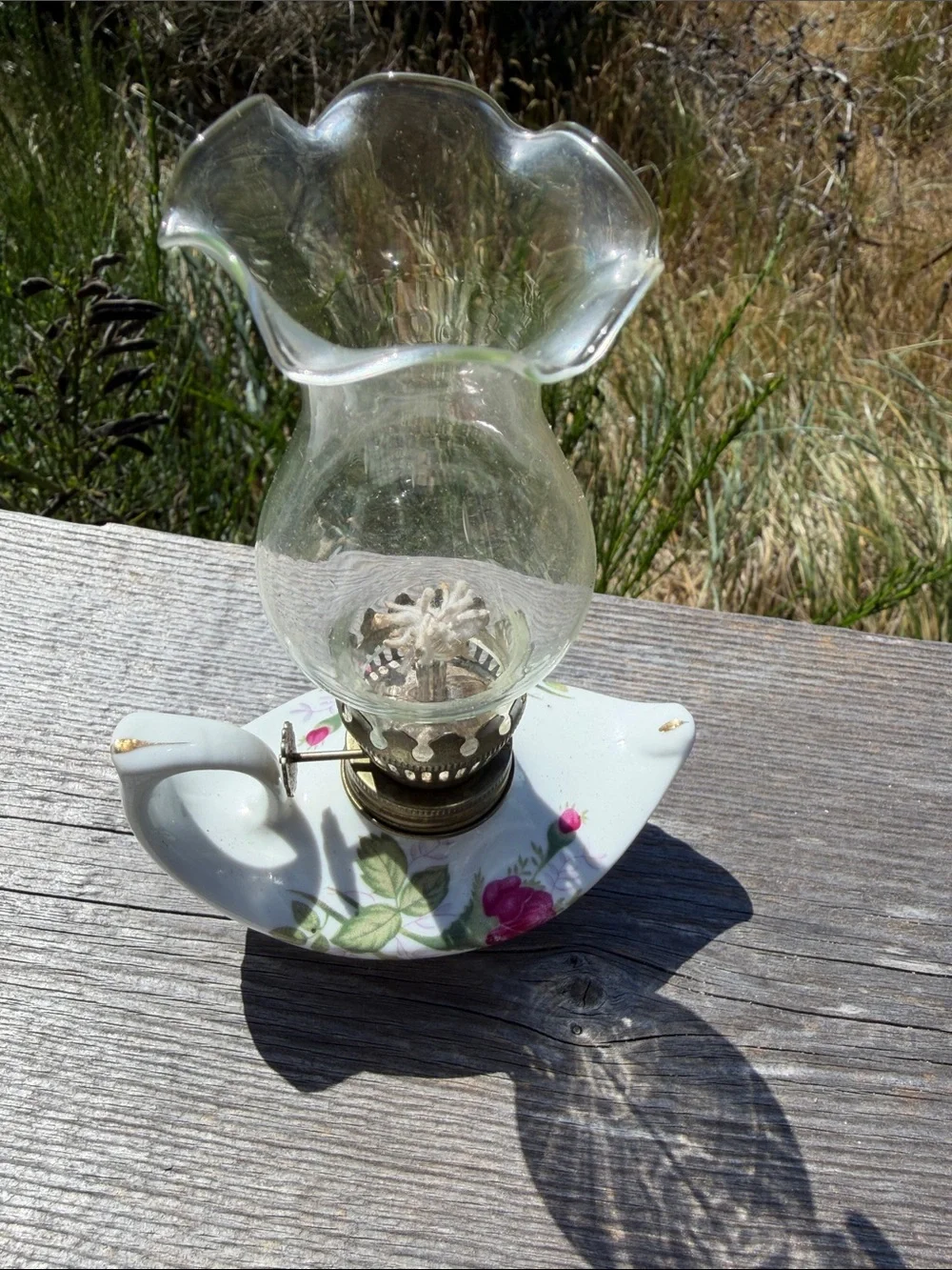 Vintage Mini Floral Porcelain Oil Lamp - Pink Rose